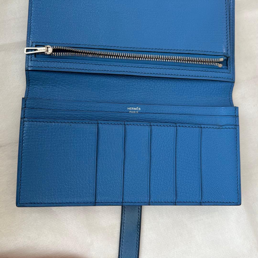 箱無し エルメス ベアン オーストリッチ長財布ブルー修理クリーニング済み
