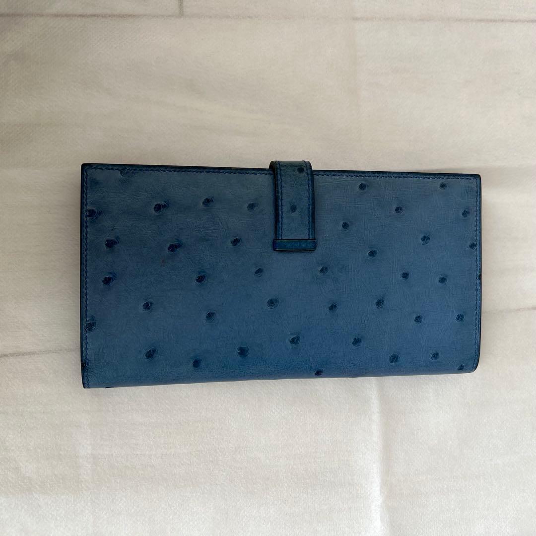 箱無し エルメス ベアン オーストリッチ長財布ブルー修理クリーニング済み