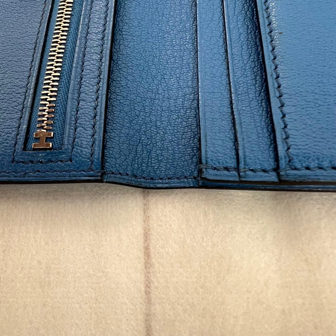 箱無し エルメス ベアン オーストリッチ長財布ブルー修理クリーニング済み