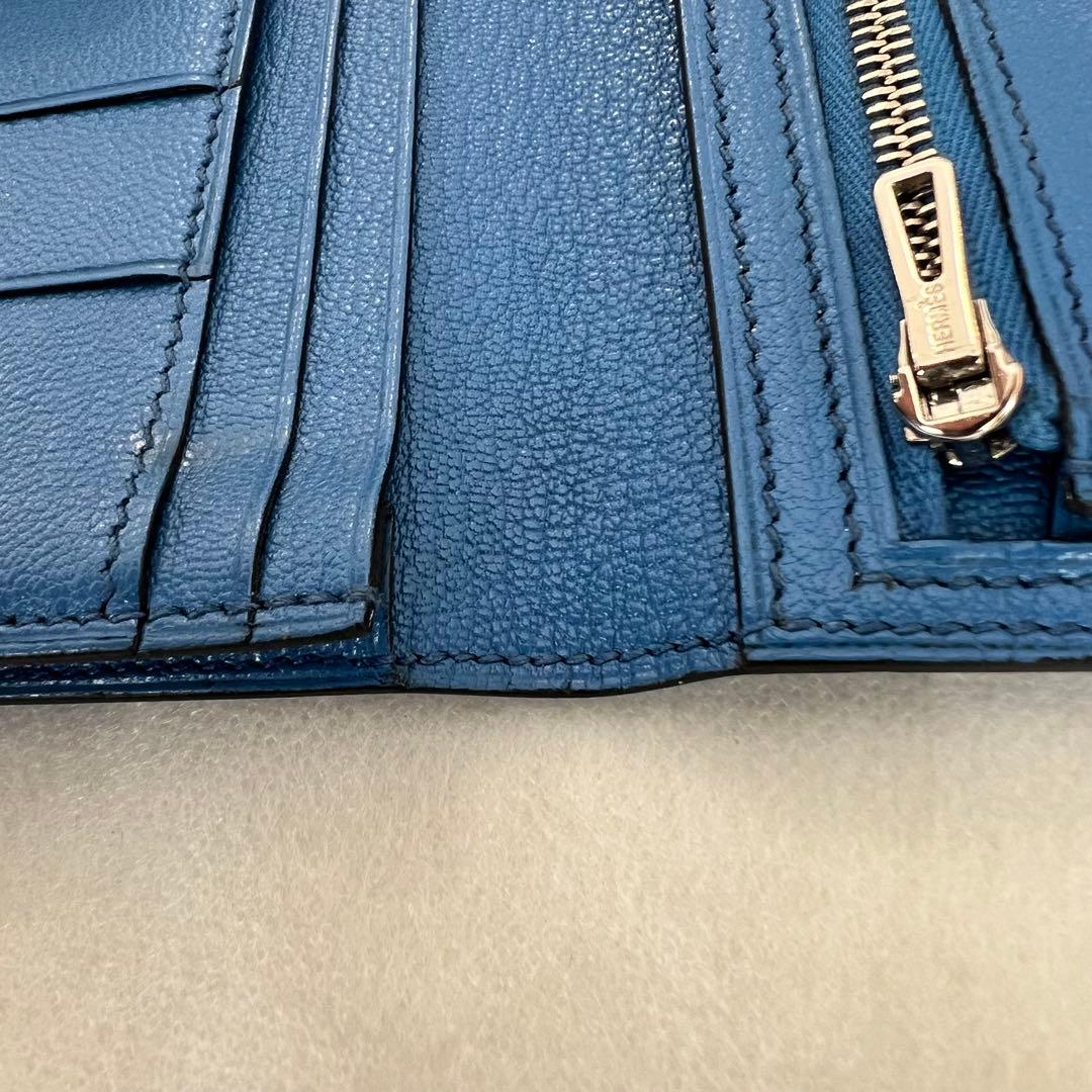 箱無し エルメス ベアン オーストリッチ長財布ブルー修理クリーニング済み