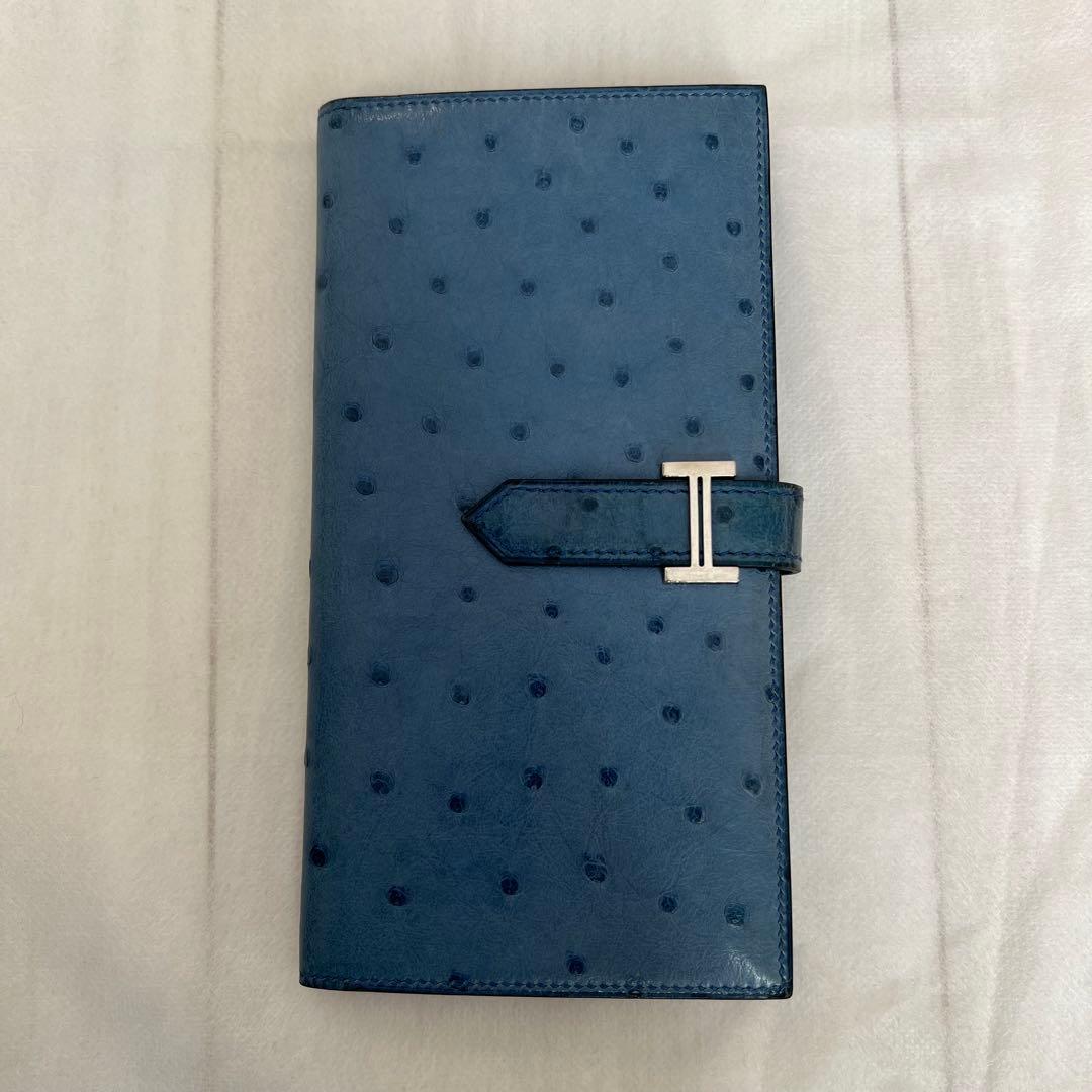 箱無し エルメス ベアン オーストリッチ長財布ブルー修理クリーニング済み