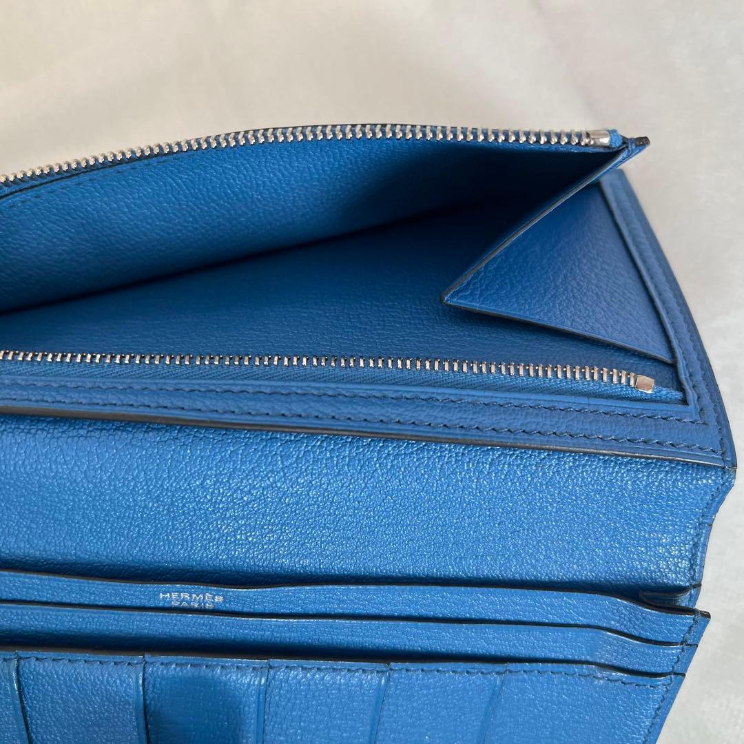 箱無し エルメス ベアン オーストリッチ長財布ブルー修理クリーニング済み