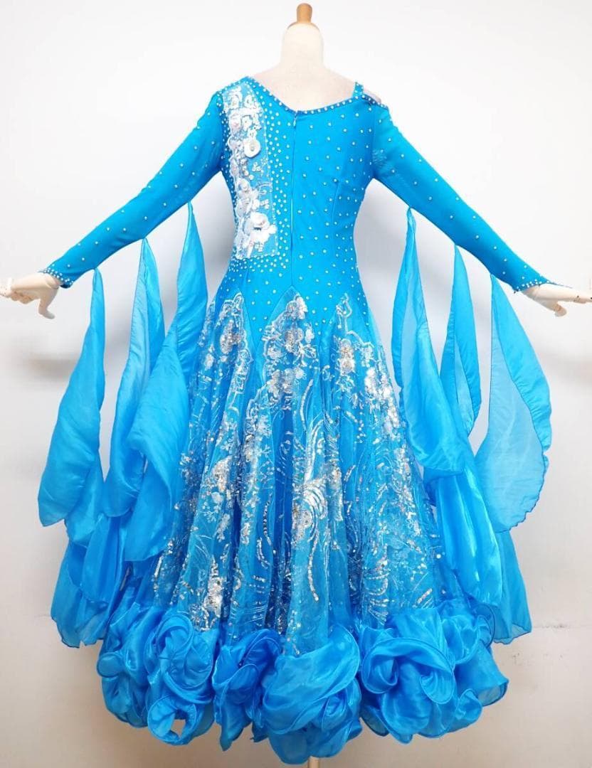 B1438★MLサイズ★濃い水色/シルバー/スタンダードドレス☆社交ダンス