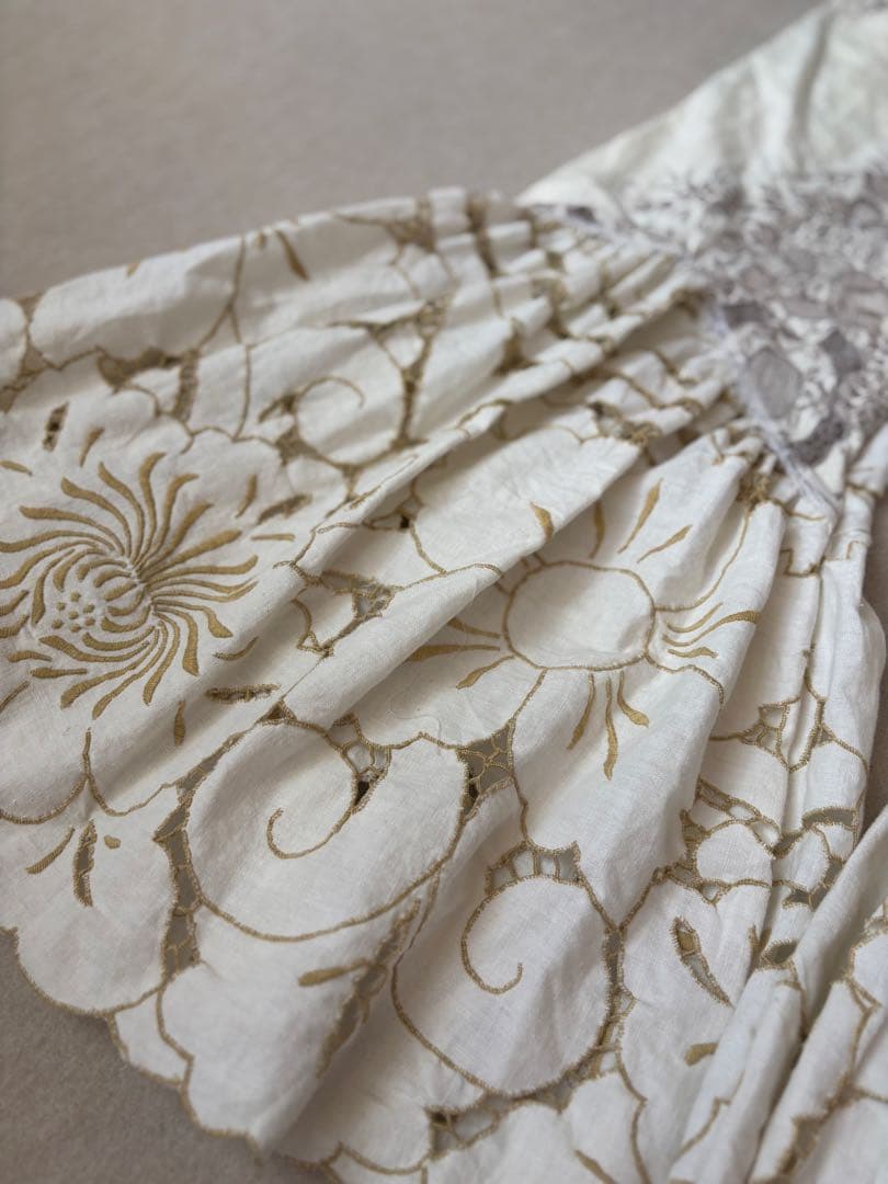 【ゆうりん】アイボリー リメイク フレアパンツ ビンテージクロス レース