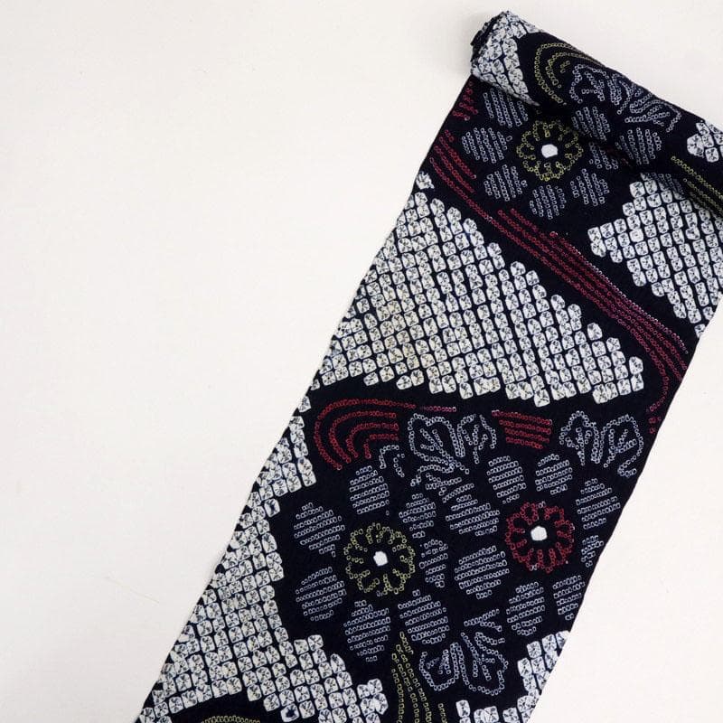 《手しぼり＊浴衣反物■流水菊花模様＊濃紺■お仕立て可◆夏着物■反24-146》