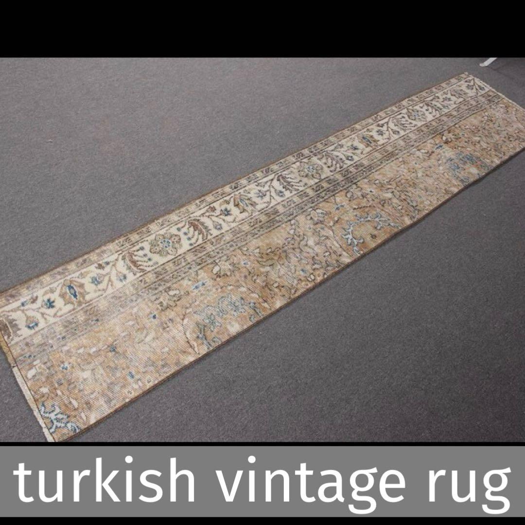 48×211ランナー 淡ブラウン ブルー ラインホワイト トルコヴィンテージラグ