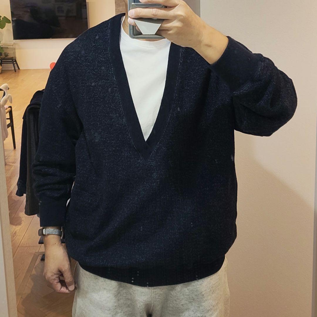 CAHLUMN メリノウールコットンループバック Vネック スウェットシャツ