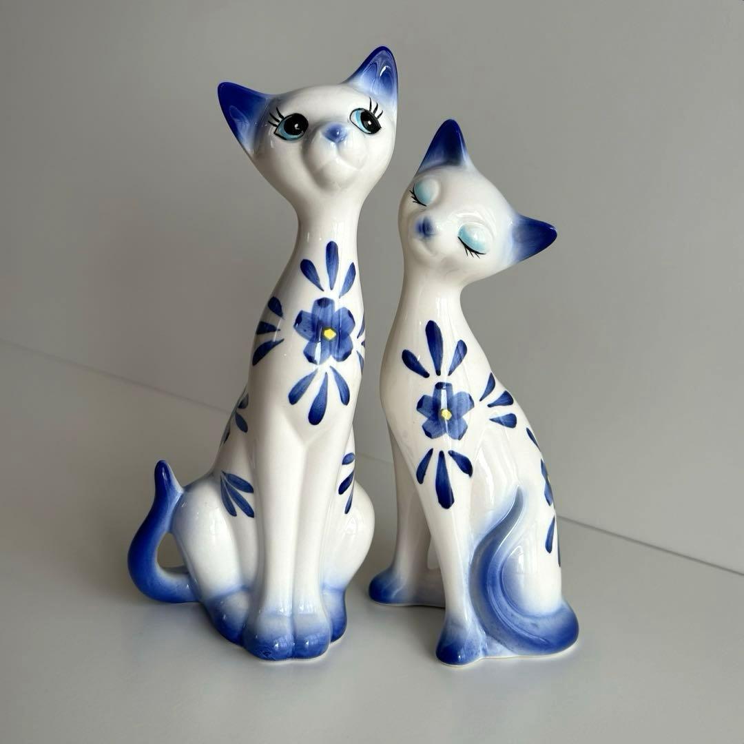 美品】 猫 ネコ ねこ シャムネコ 置物 陶器 ペア 昭和 レトロ ポップ