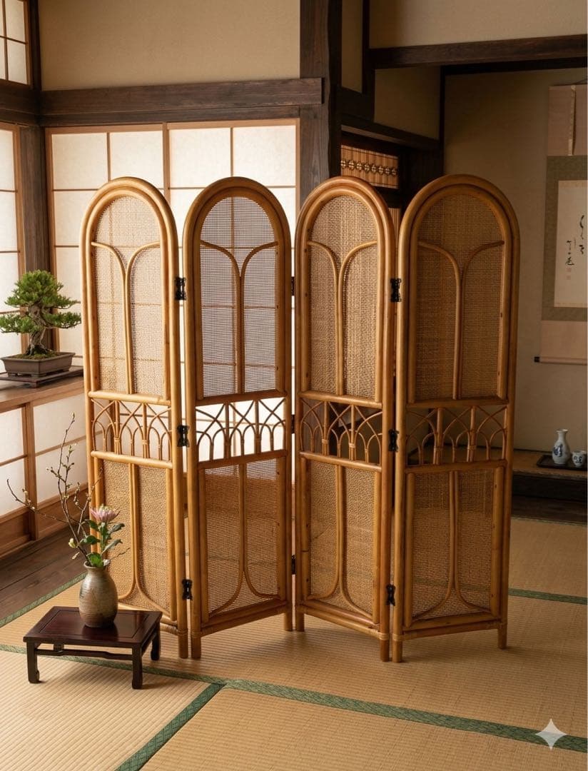 美品】ラタン パーテーション 4連 衝立 間仕切り 籐家具。 180＊160