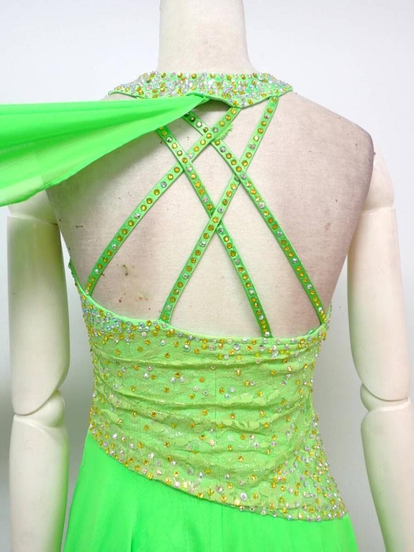 B1057★SMサイズ★黄緑/スワロMIX/スタンダードドレス★社交ダンス