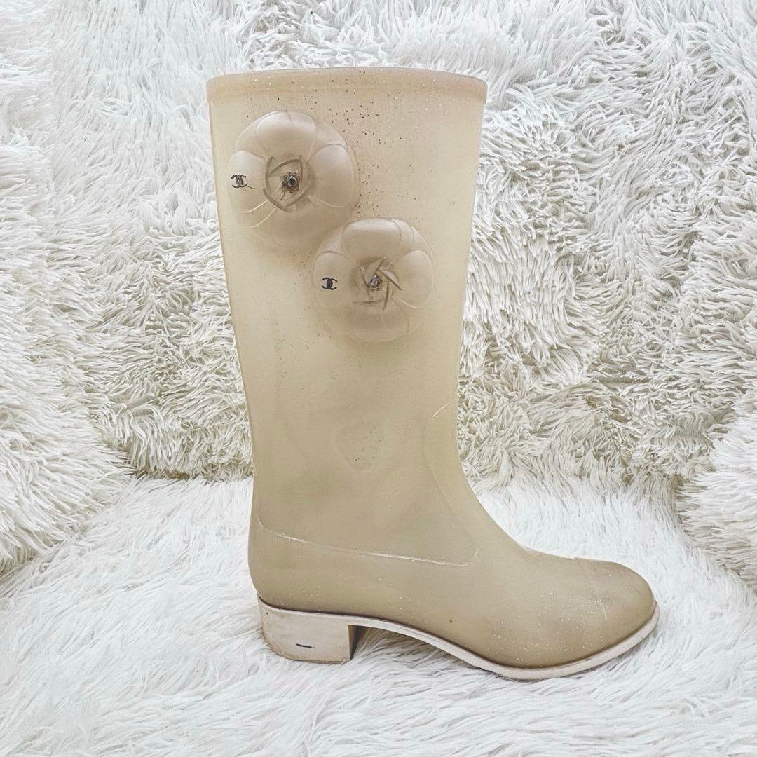CHANEL レインブーツ カメリア ホワイト ココマーク シャネル 長靴 38