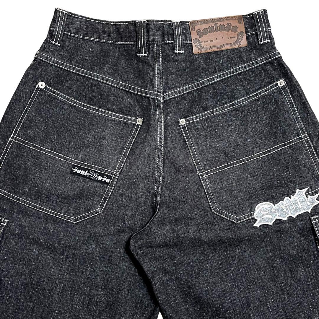 極太 90s 刺繍 SOUL USA 先染め ブラック デニム カーゴパンツ - メルカリ