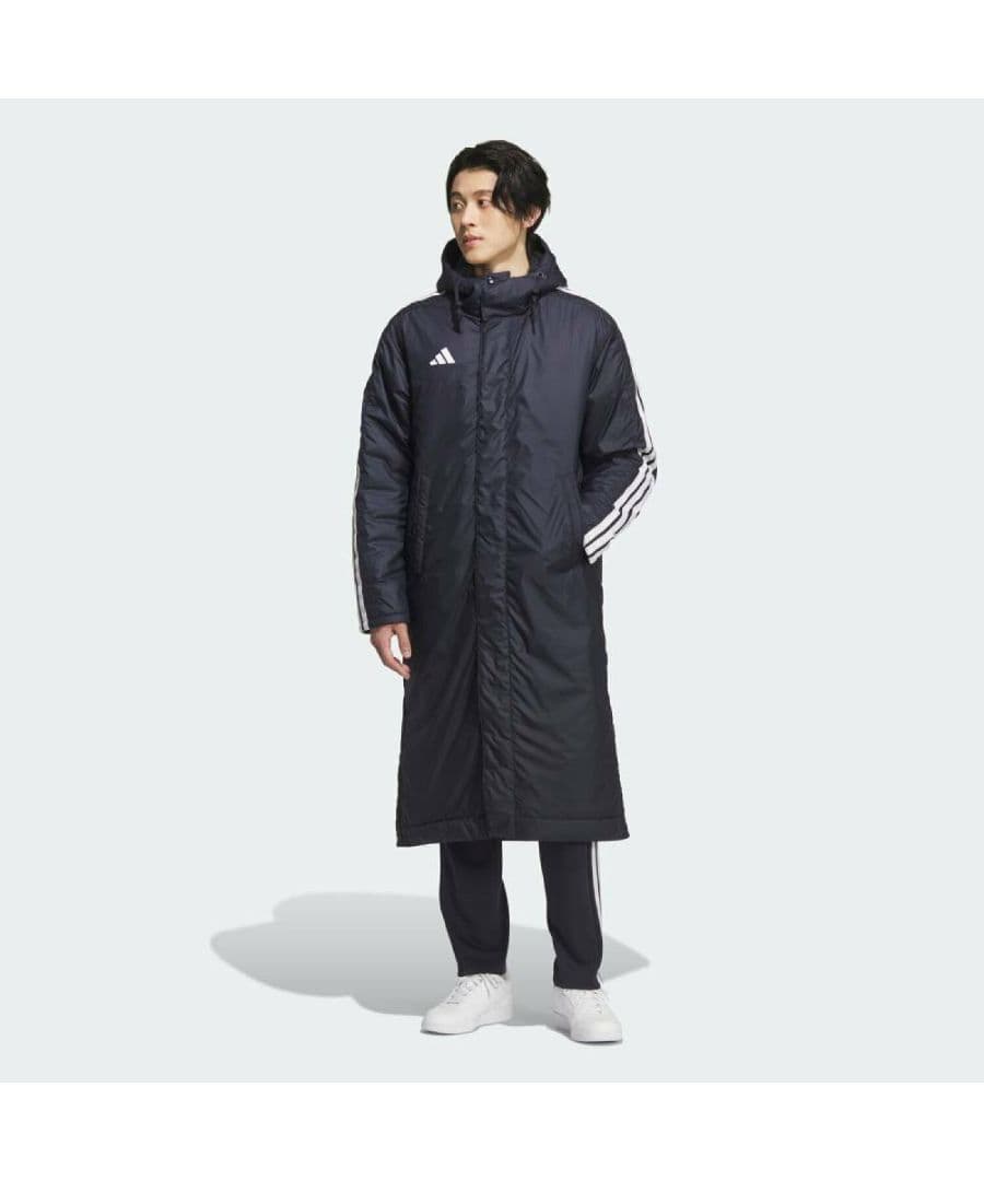 2XL アディダス 中綿 裏ボア ベンチコート　ロング ジャケット 紺 ネイビー