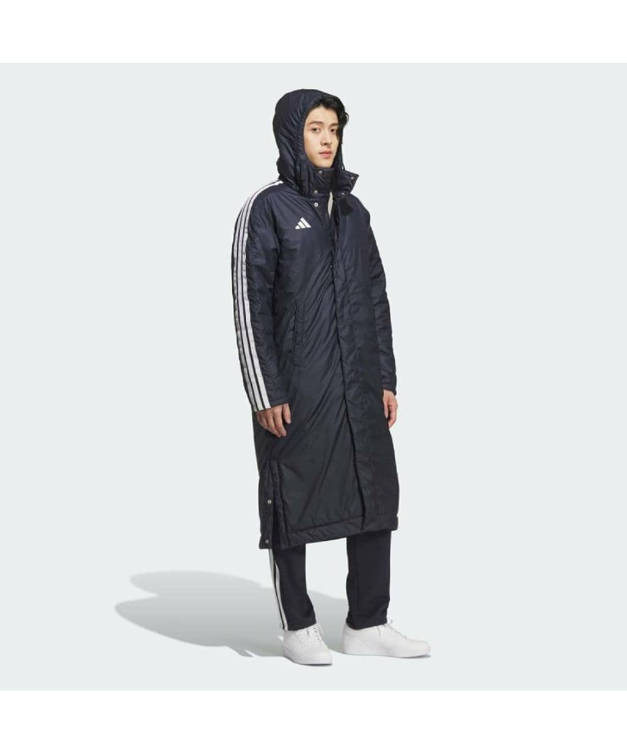 2XL アディダス 中綿 裏ボア ベンチコート　ロング ジャケット 紺 ネイビー