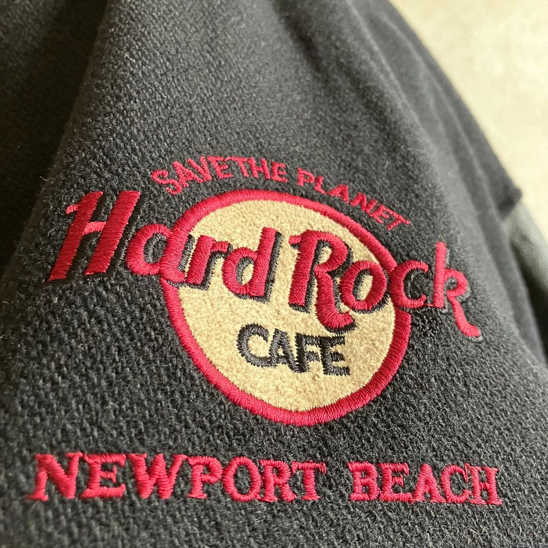 90's US古着 ハードロックカフェ 本革袖 刺繍ロゴ スタジャン 黒 XL