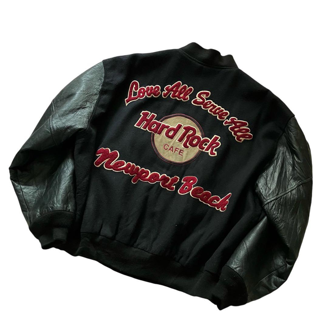 90's US古着 ハードロックカフェ 本革袖 刺繍ロゴ スタジャン 黒 XL