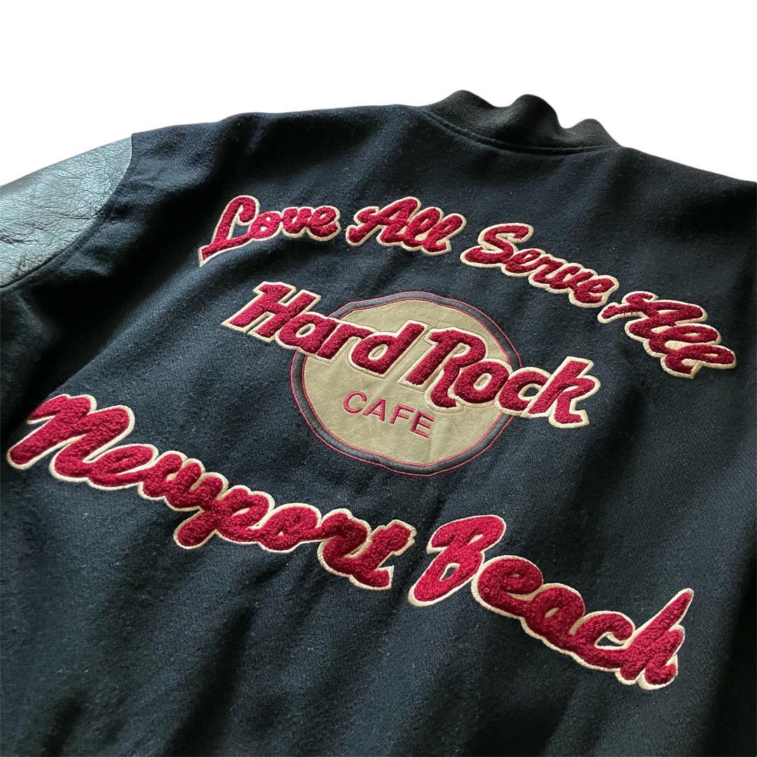 90's US古着 ハードロックカフェ 本革袖 刺繍ロゴ スタジャン 黒 XL