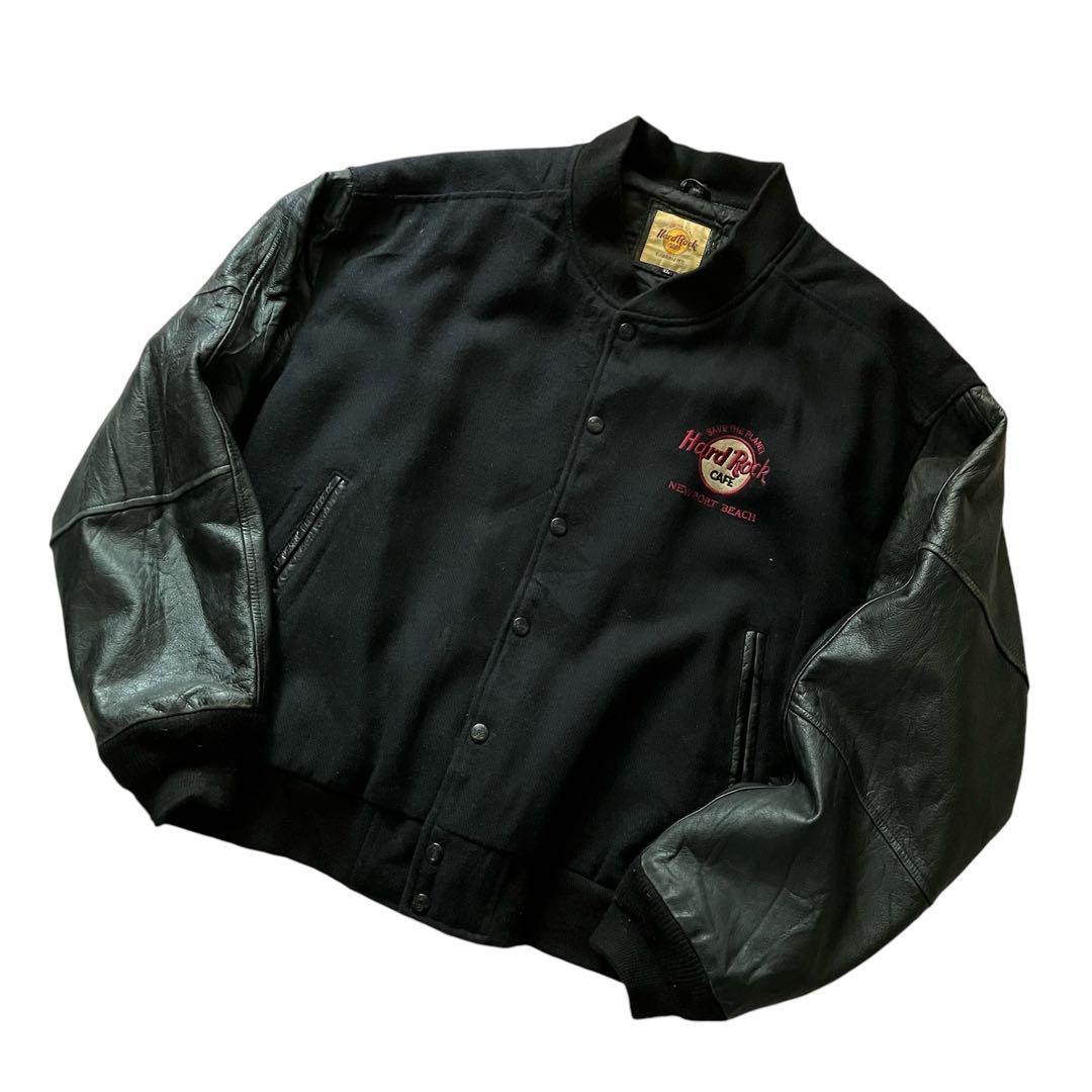 90's US古着 ハードロックカフェ 本革袖 刺繍ロゴ スタジャン 黒 XL
