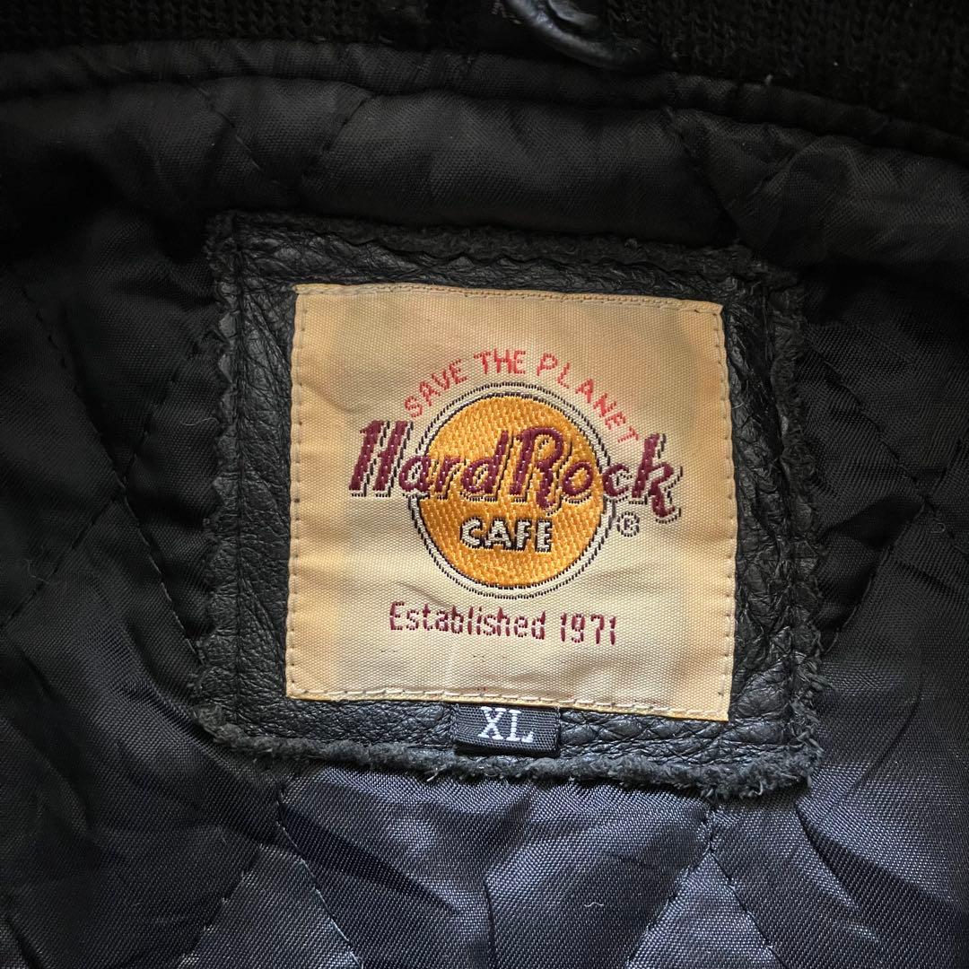 90's US古着 ハードロックカフェ 本革袖 刺繍ロゴ スタジャン 黒 XL