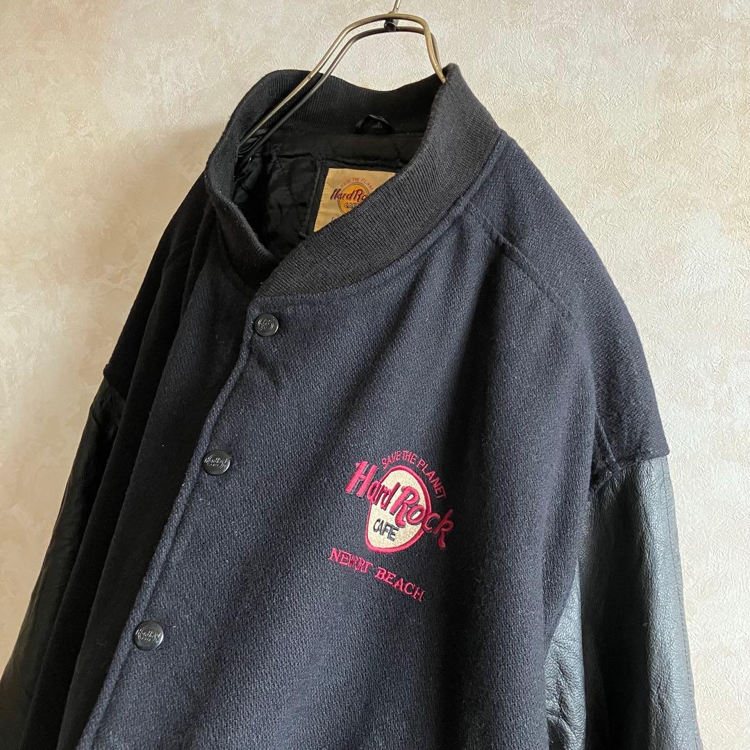 90's US古着 ハードロックカフェ 本革袖 刺繍ロゴ スタジャン 黒 XL
