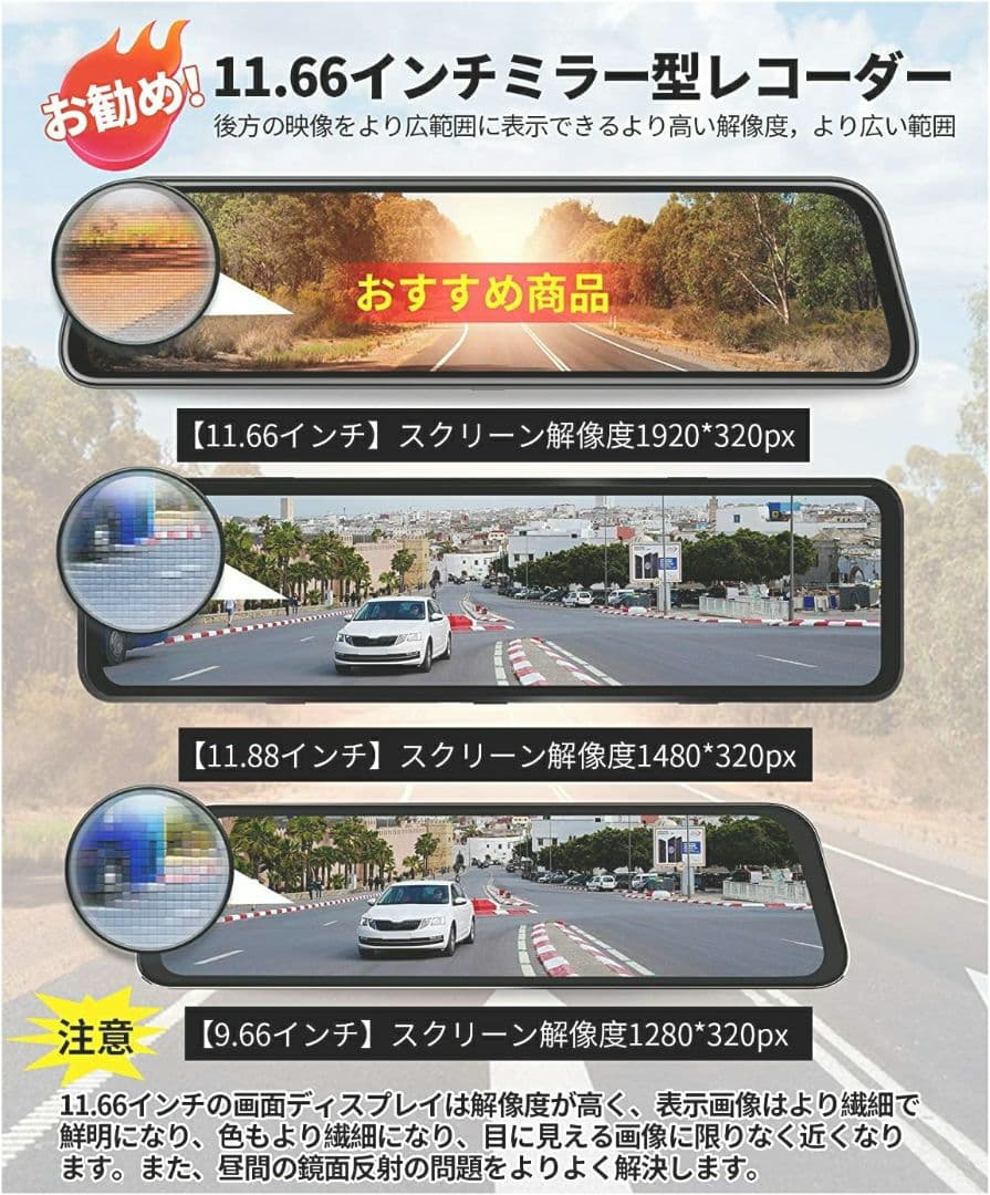 ドライブレコーダー ミラー型 GPS 12インチ大画面