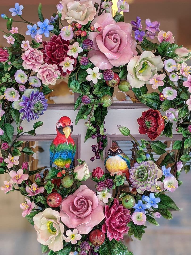 【専用となりました】クレイフラワー❁フラワーリース特大❁鳥❁ハンドメイド