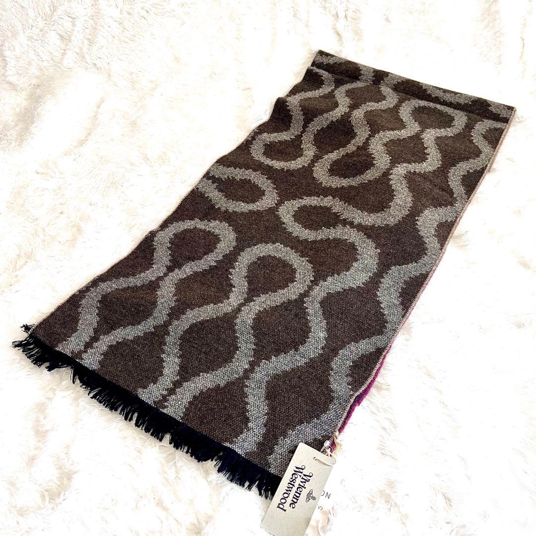 ヴィヴィアンウエストウッドマフラー新品スクイグル柄 スクイグルグレーパープル