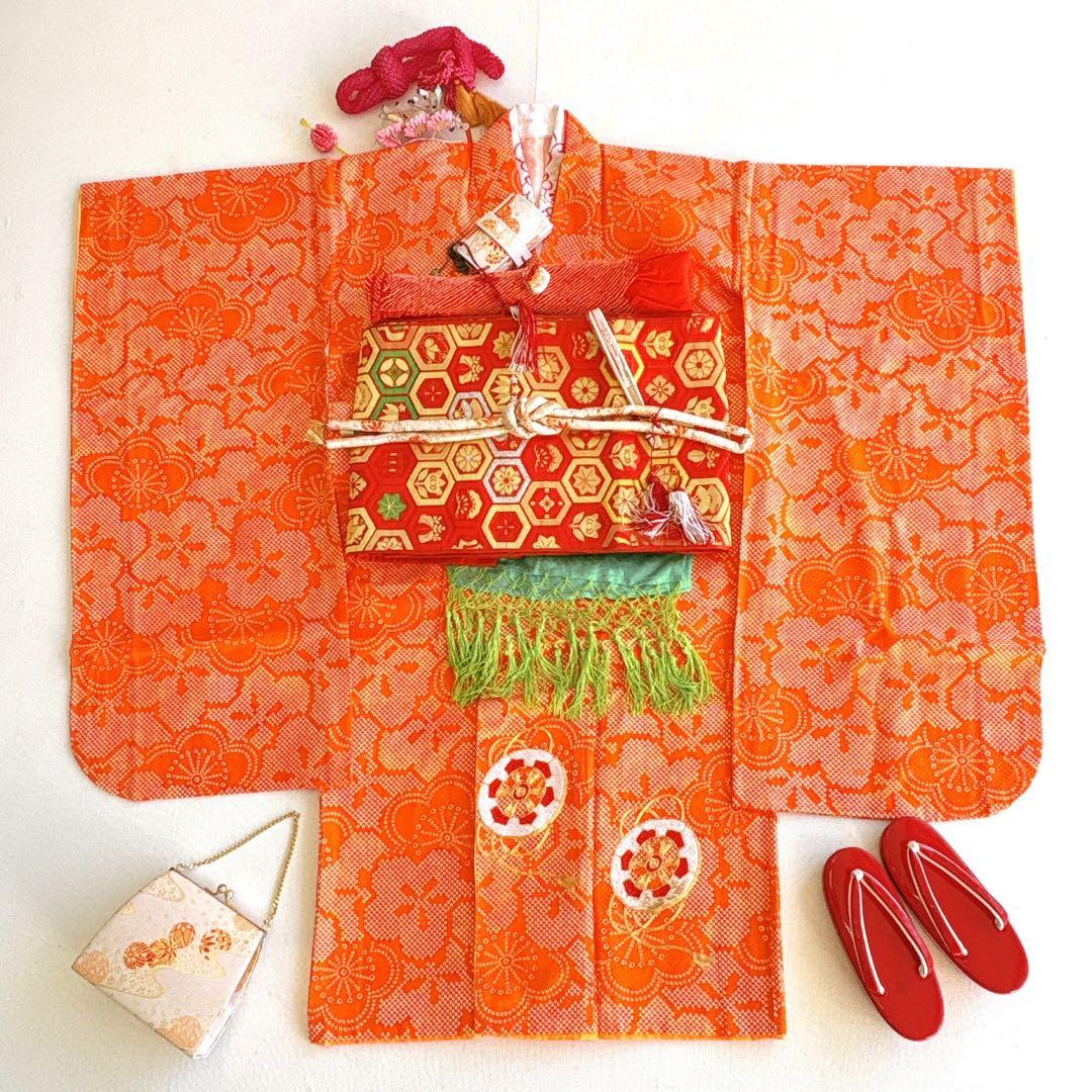 七五三セット　7歳女の子　化繊　総しぼり柄　豪華刺繍　52337 七五三 着物 7歳 四つ身セット(結び帯セット) 女の子 16点フルセット