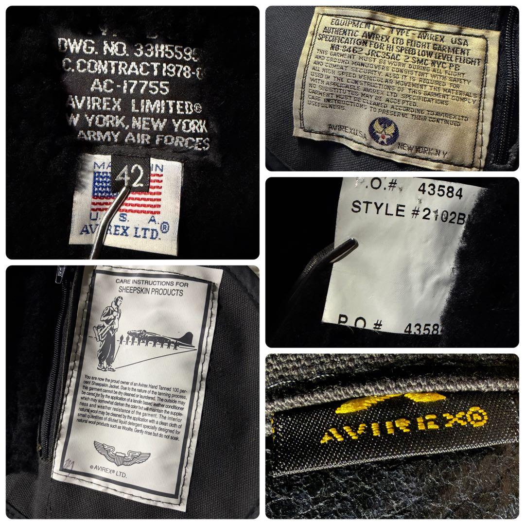 米国製■AVIREX フライトジャケット　B-3 ムートン　羊革　ボア　黒　42