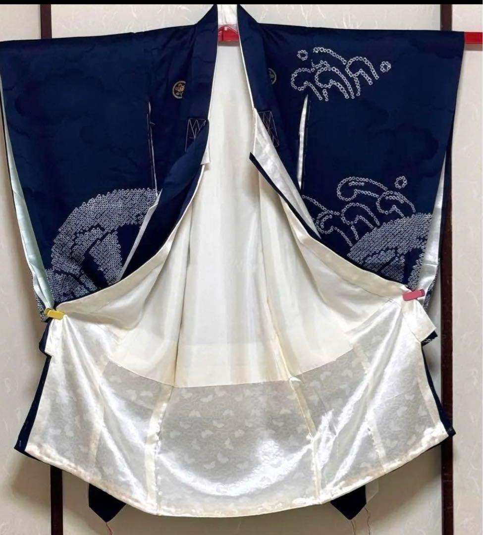 《手刺繍　手縫い　絞り》高級お宮参り着 男の子「宝船」模様（しつけ付）