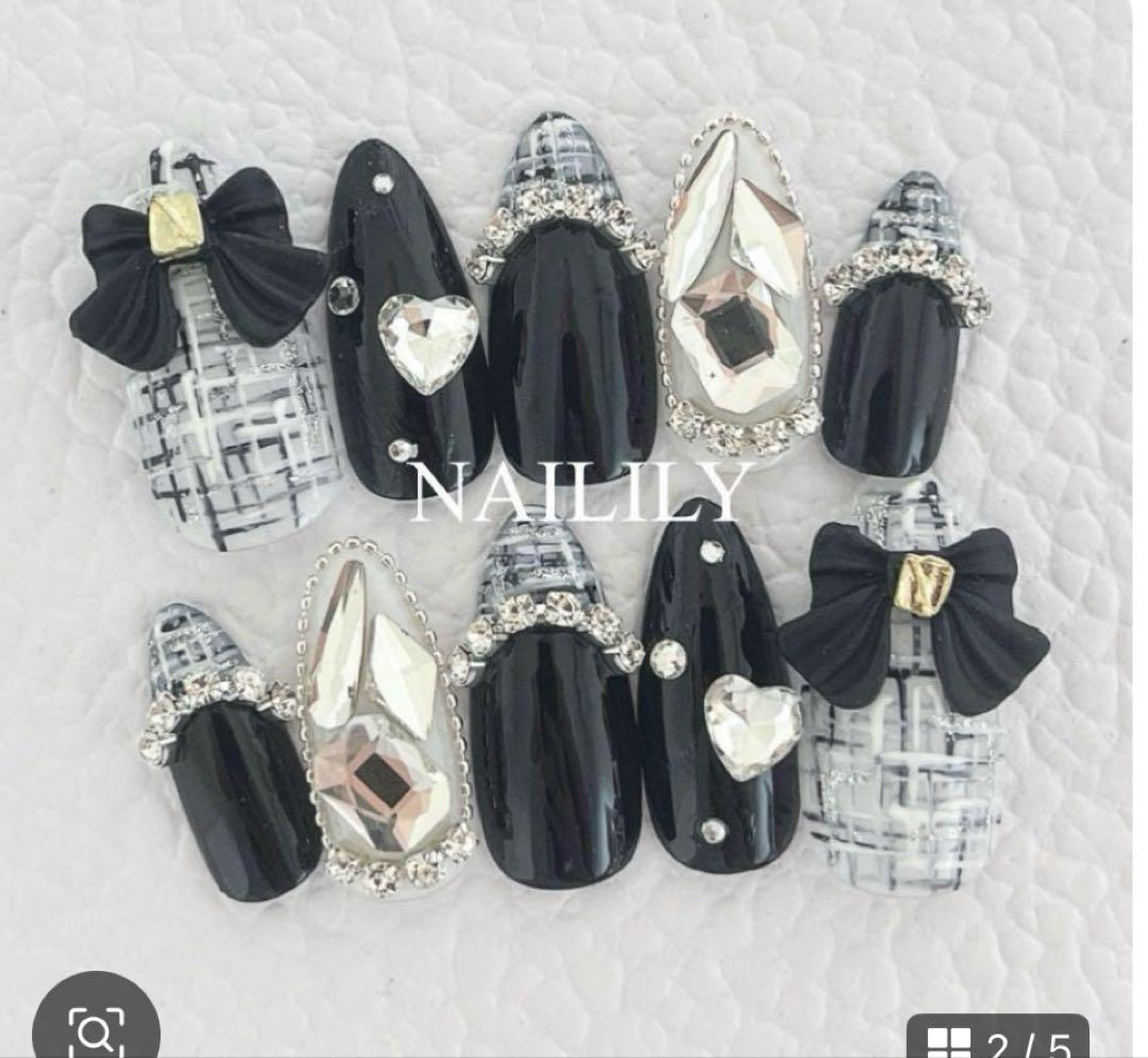 ネイルチップ チェック リボン ワンホン ガーリー 韓国 量産型