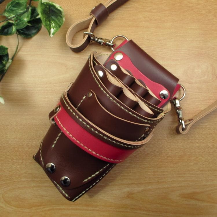 ブラウン＆レッド　６丁差し　革ベルト付　本革シザーケース　SCL-100/CBA