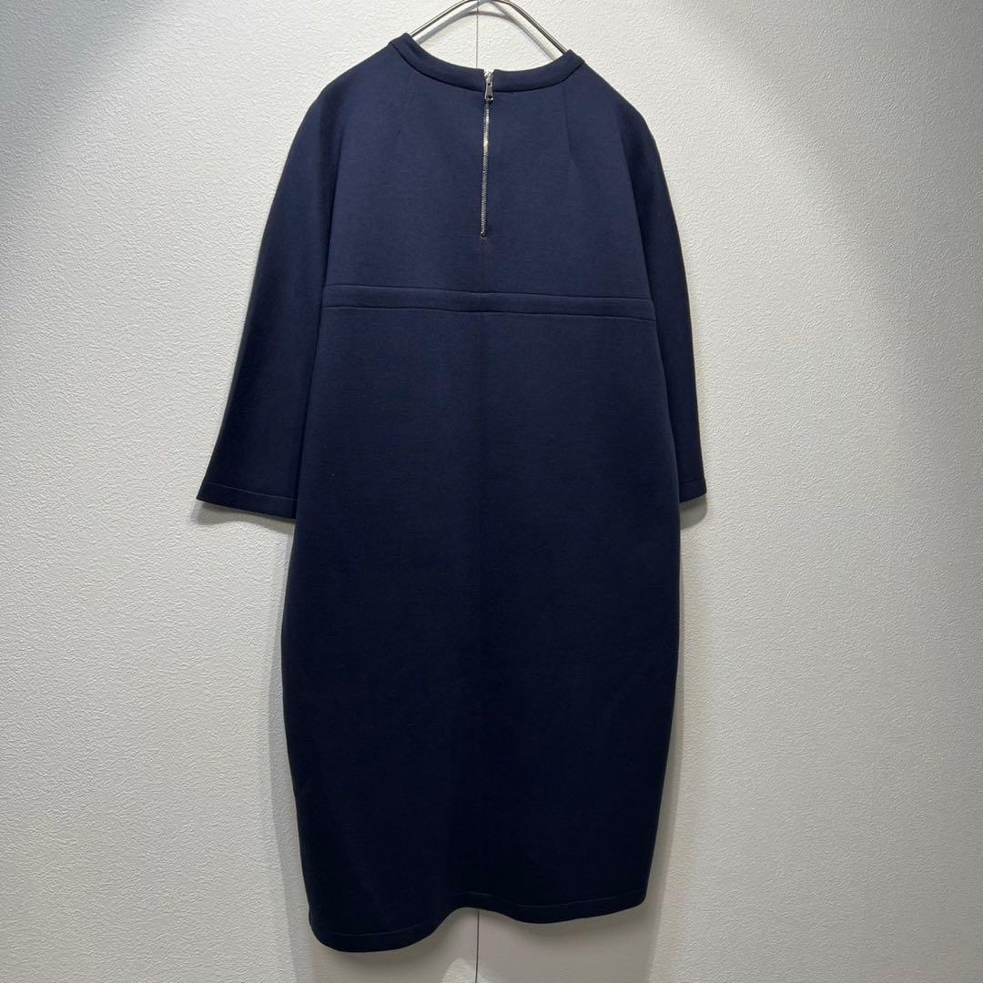 希少 美品 上質 クルーネック デザイン 5分袖 ワンピース ネイビー 紺38