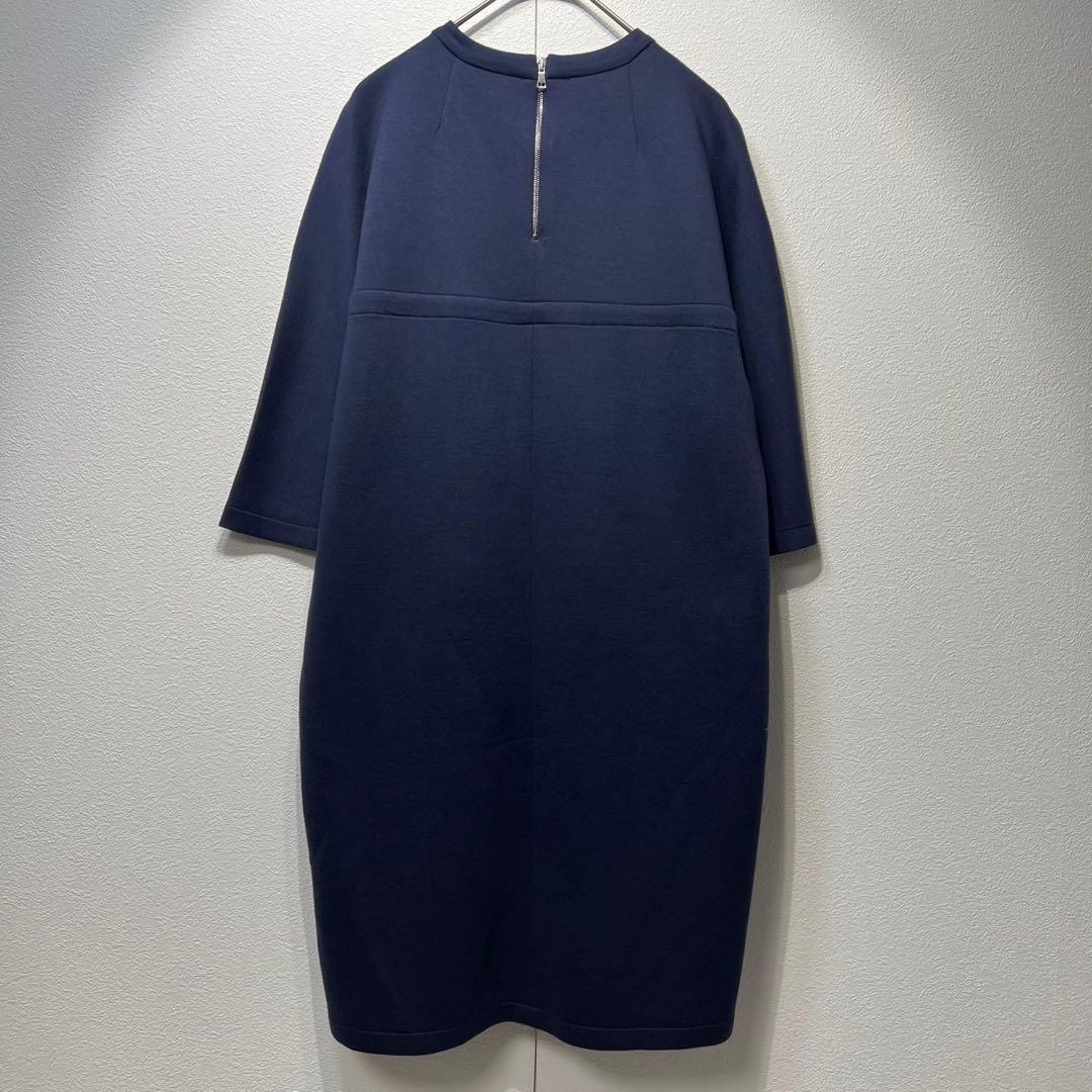 希少 美品 上質 クルーネック デザイン 5分袖 ワンピース ネイビー 紺38