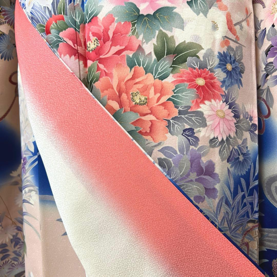 419 振袖フルセット 正絹 青 ブルー 金彩 刺繍 暈し染め