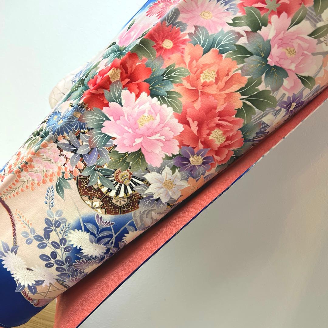 419 振袖フルセット 正絹 青 ブルー 金彩 刺繍 暈し染め