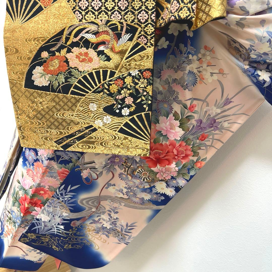 419 振袖フルセット 正絹 青 ブルー 金彩 刺繍 暈し染め