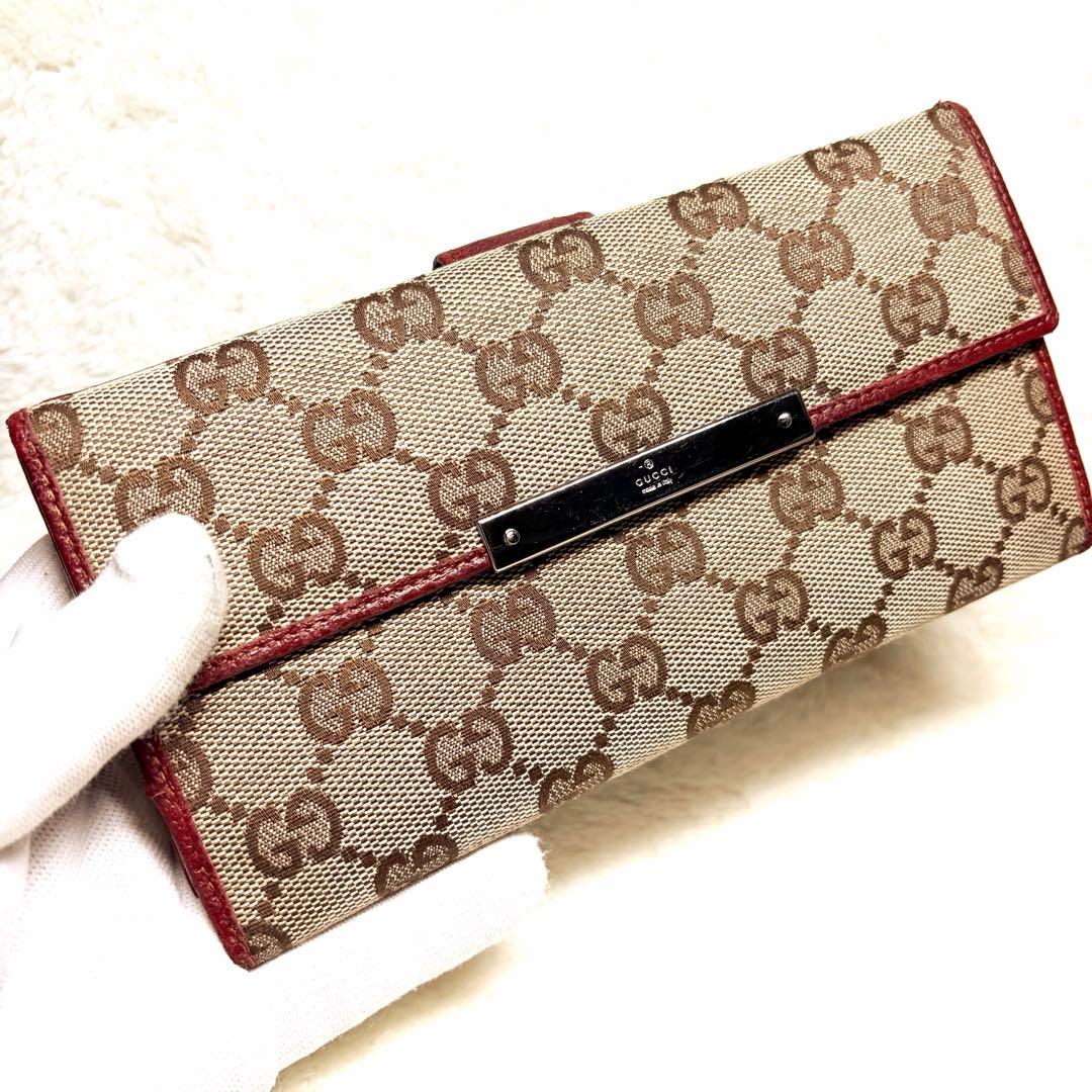 美品 GUCCI グッチ GGキャンバス レザー Wホック 長財布 ボルドー