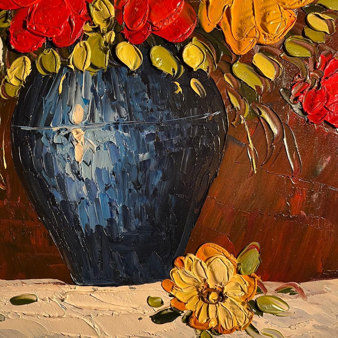 ☆特大秀作☆ 手書き油絵 花瓶の花 額付き インテリア 肉筆絵画 油彩画