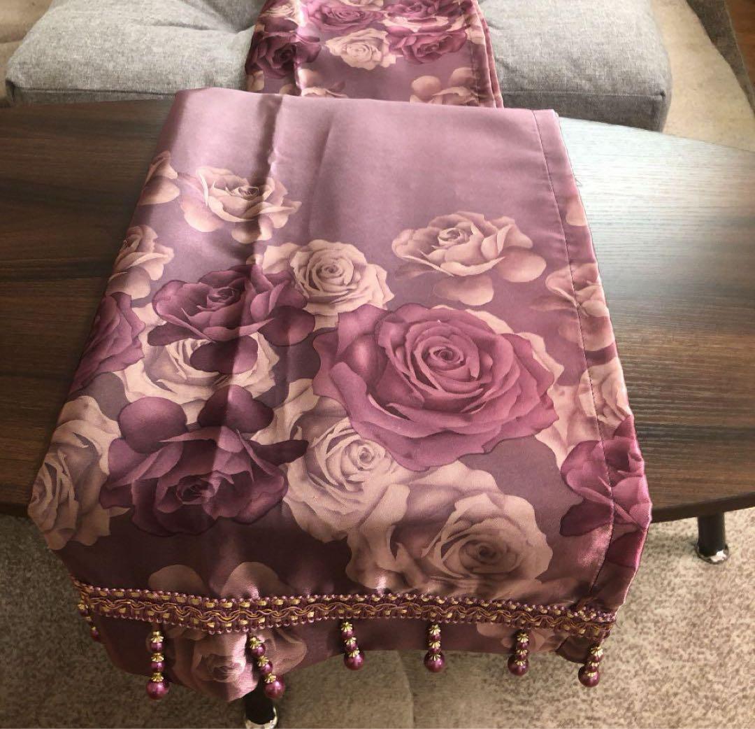 ヨーロピアン風　紫色のバラ柄カーテン3枚セット