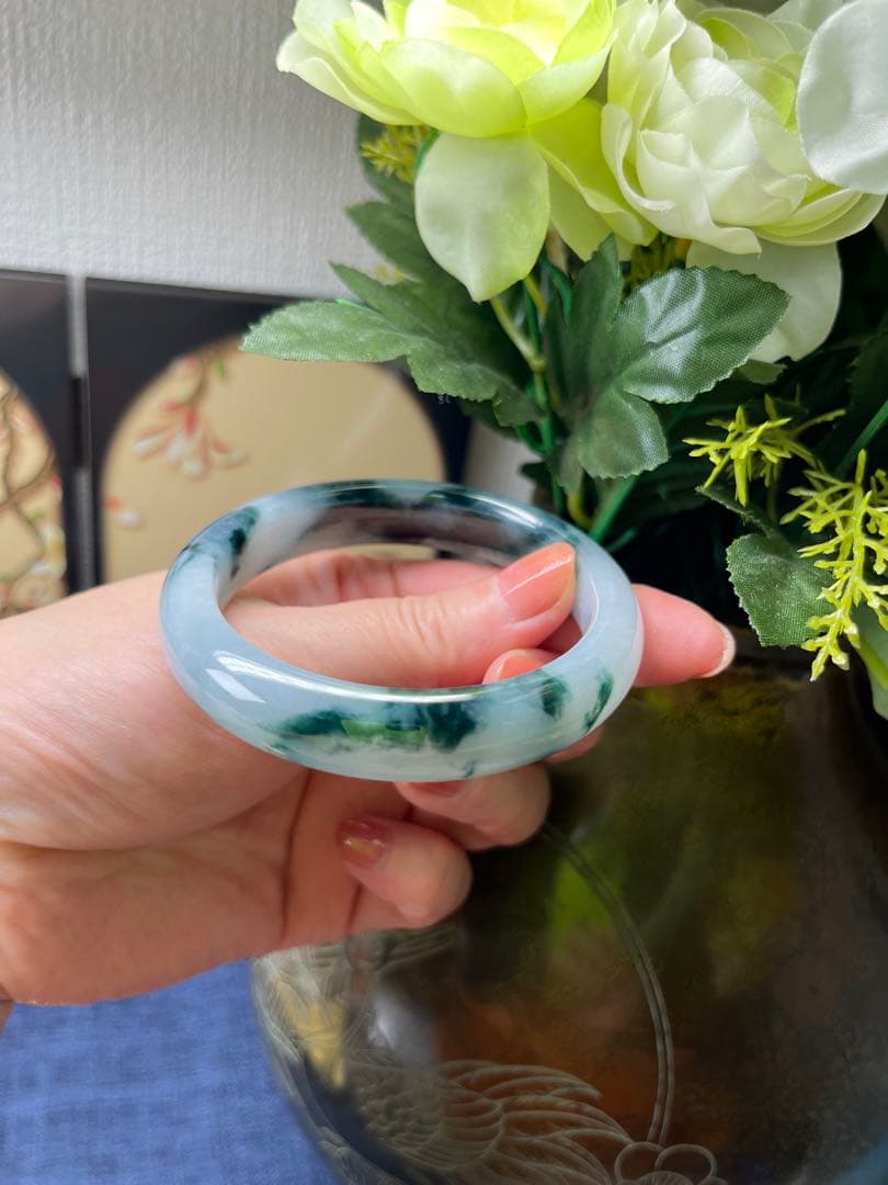 高級品❣️天然A貨翡翠 トロトロ、浮かぶ藍花柄付き氷種翡翠