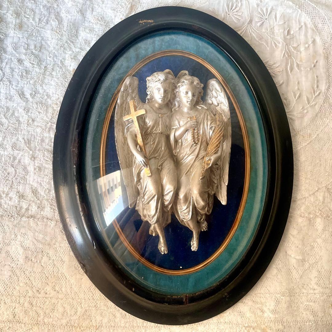 2人の天使のメダイヨン エンジェル フランスアンティーク オーバルフレーム彫刻