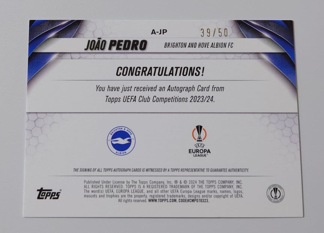 TOPPS ブライトン JOAO PEDRO ジョアン・ペドロ 直筆サイン - メルカリ