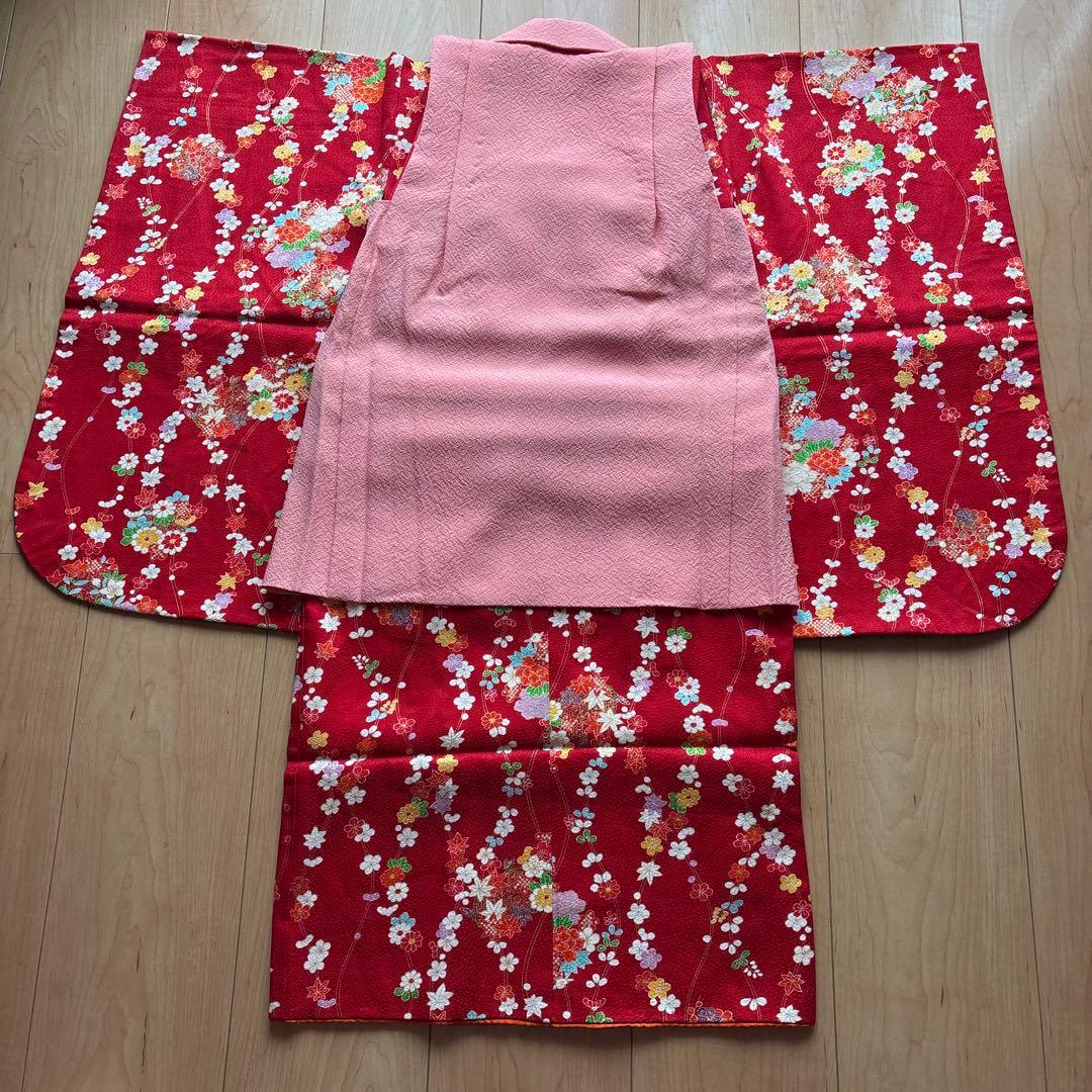 60 正絹？　真紅×小花柄　七五三着物セット　被布　3歳　日本製