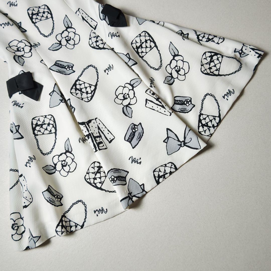 エムズグレイシー　ワンピース　総柄　白　カメリア　リボン　フレア　Aライン