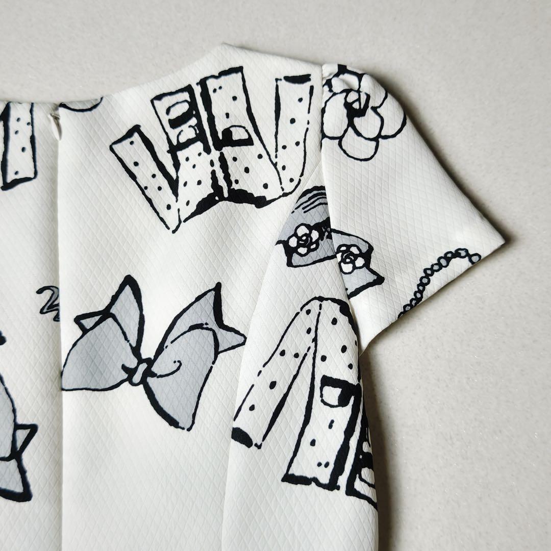 エムズグレイシー　ワンピース　総柄　白　カメリア　リボン　フレア　Aライン