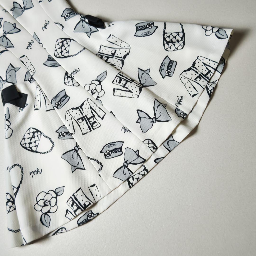 エムズグレイシー　ワンピース　総柄　白　カメリア　リボン　フレア　Aライン