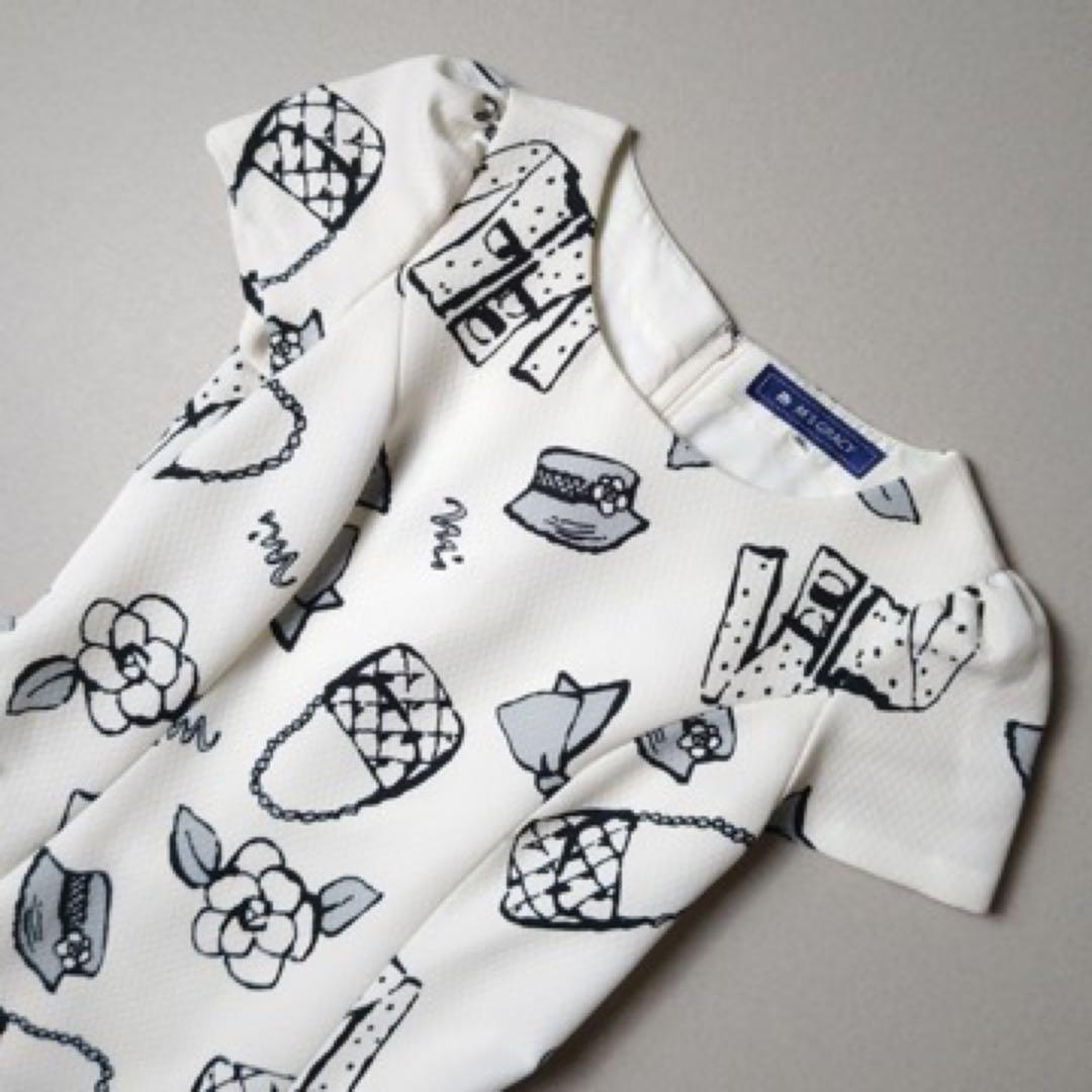 エムズグレイシー　ワンピース　総柄　白　カメリア　リボン　フレア　Aライン