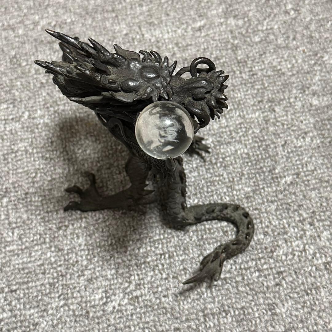 時代金工美術 銘あり 龍 水晶玉付 置物 床置