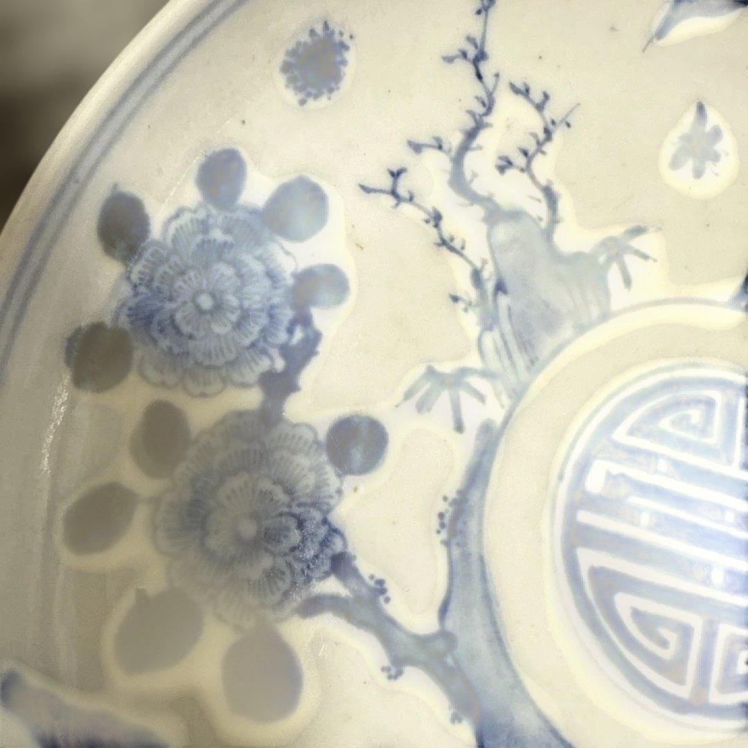 古美術 大明成化年製 青花染付け 野鳥 花中皿 1464年〜